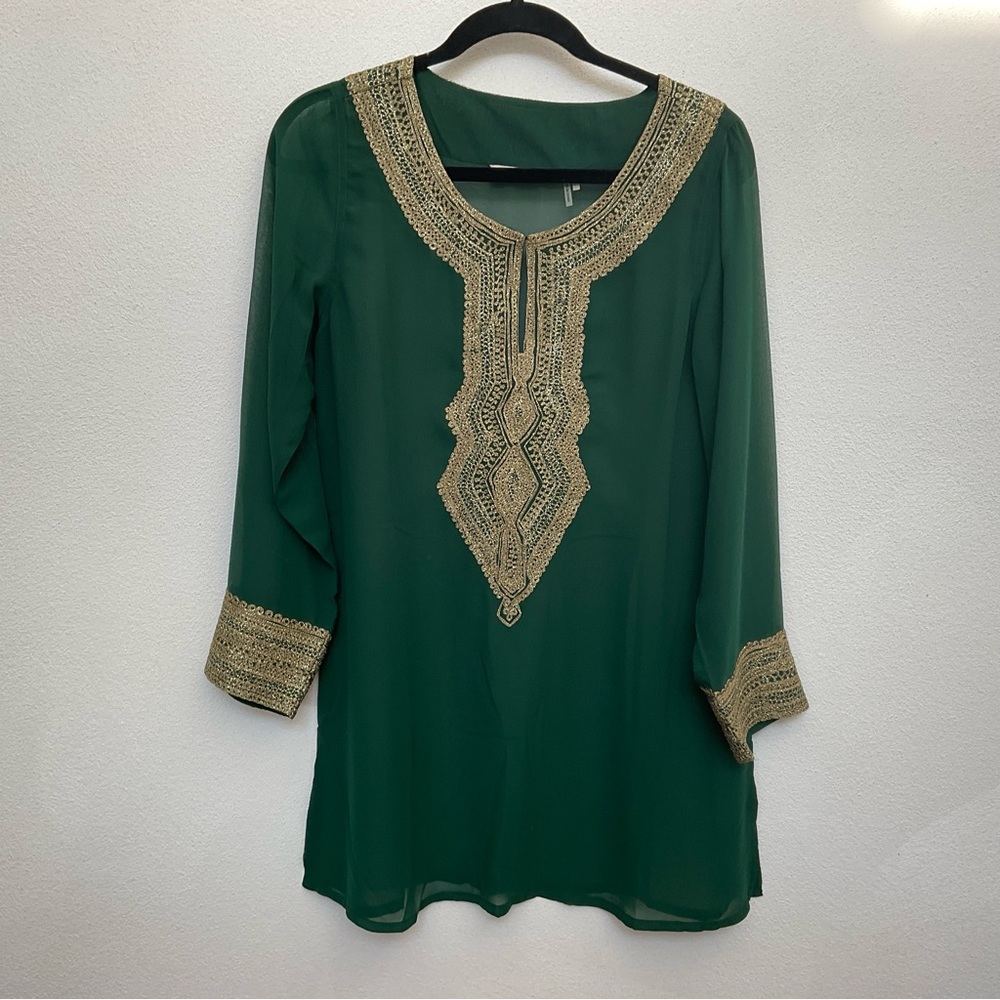 Soft Surroundings Dark Green Sheer Tunic with Gold Trim Size Medium
